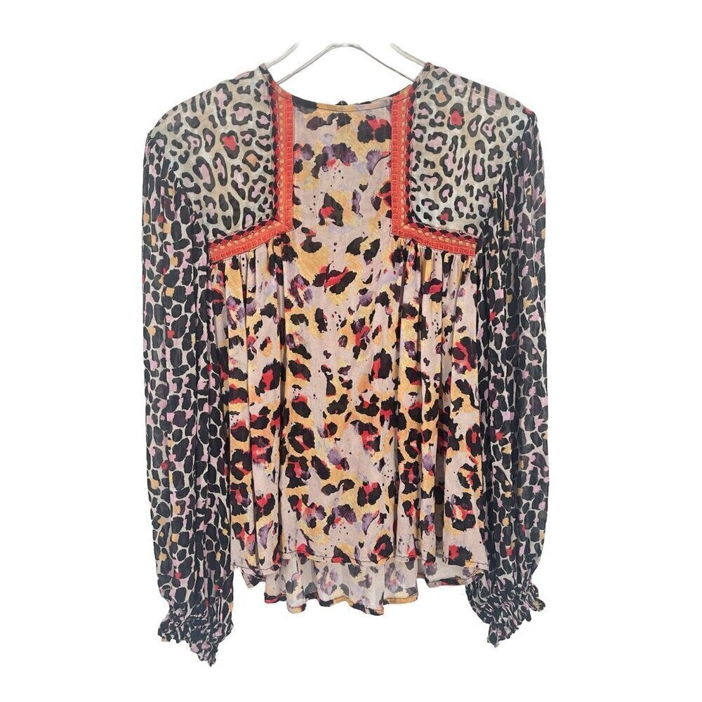 Leopard-Print Long Sleeve Blouse with Red Trim